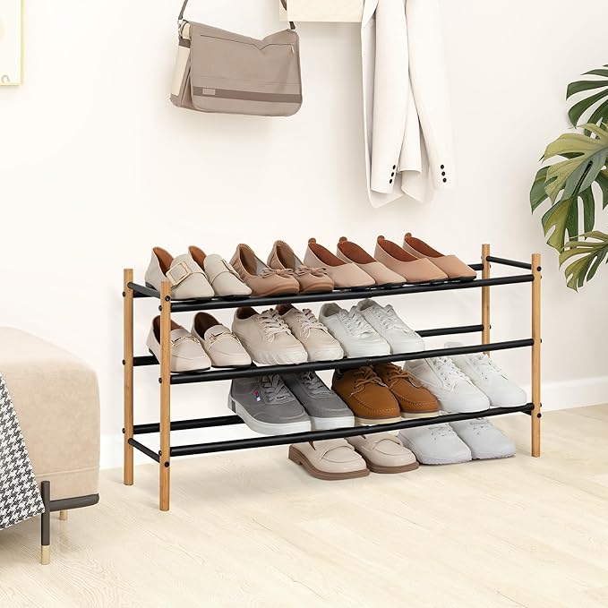 Shoe Rack, Expandable Shoe Storage Organizer for Closet, Bamboo Metal Shoe Shelf for Entryway, Adjustable Small Shoe Rack for Front Door Entrance, Small Space, Garage, 3 Tier Black-NeatNest