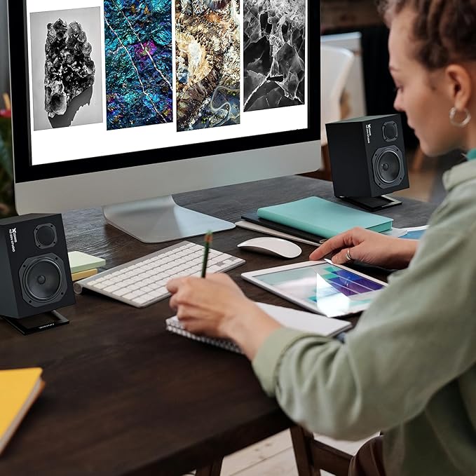 C-1 Desktop Speaker Stands for Small Speakers，Tilted Tabletop Steel Computer Speaker Stands(Pair)，L15.2 x W11.4 x H3.8 Centimetres (Black)-NeatNest