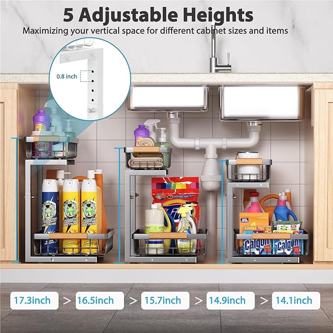 Under Sink Organizer Storage 2 Pack, 2 Tier Slide Out Height Adjustable Pull Out Cabinet Organizer Drawer for Kitchen Bathroom Large Under Sink Shelf Rack Caddy for Pantry, Grey-NeatNest