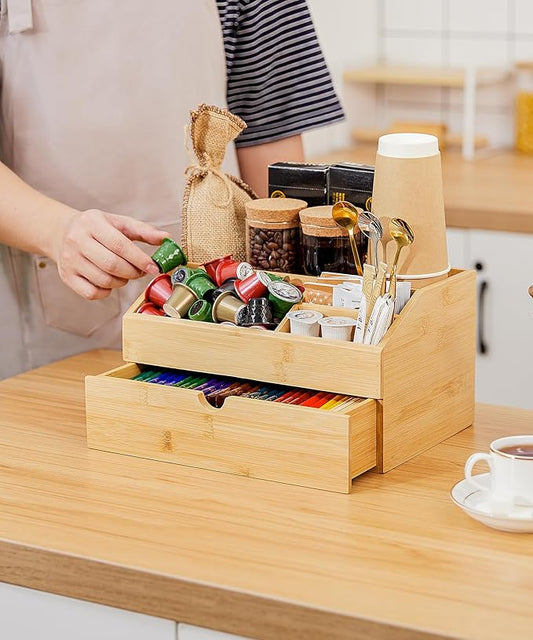 Coffee Bar Organizer Countertop with Drawer, Cafe Station Storage for Bar Accessories,Bamboo Espresso Bar Decor Holder for Bar Decor,Bamboo-NeatNest