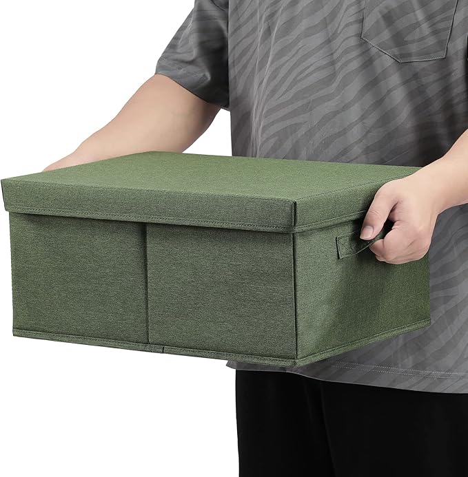 HOONEX Storage Bins with Lids for Organizing, Pack of 2, Storage Boxes with 2 Carrying Handles and Sturdy Heavy Cardboard, 16.5" L x 11.8" W x 7.5" H for Shoes, Books, Clothes, Olive-NeatNest