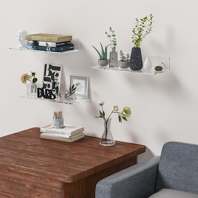 15 Inches Clear Acrylic Shelves, Wall Mounted Shelves for Bedroom, Wall Display Shelves for Collectibles, Funko Pop, Speaker, Plants, Space Saver, Wide Application, 4 Pack-NeatNest
