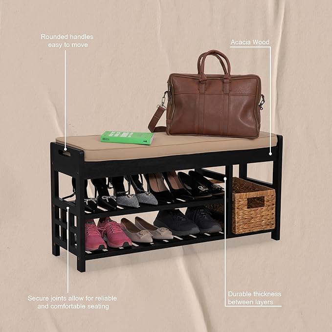 Wooden Shoe Rack with Bench Seat - Black Acacia Wood Entryway Organizer with Cushioned Top & Easy-Move Handles - Multi-Level Shoe Shelf (39.4 x 11.6X 19.29)-NeatNest