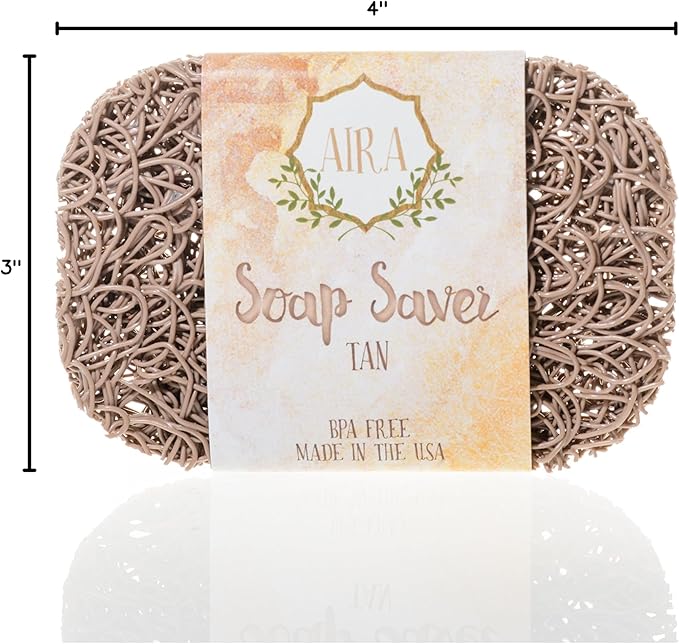 Aira Soap Saver - Soap Dish & Soap Holder Accessory - BPA Free Shower & Bath Cleanser Holder - USA Made - Drains Water, Circulates Air, Extends Life - Easy to Clean, Fits All Dish Sets - Tan-NeatNest