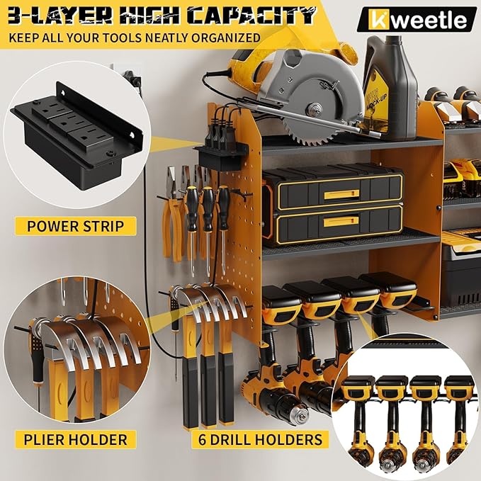 45" Power Tool Organizer Wall Mount with Charging Station - 3 Layer Storage Racks with 8 Cordless Drill Holder, 4 Hooks, Heavy Duty Garage Tool Organizer Storage for Workshop Shed Pegboard Basement