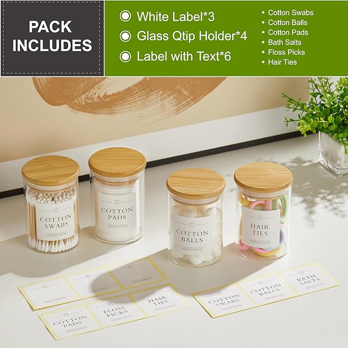 4 Pack Qtip Holder Dispenser - Glass Apothecary Jars with Lids, Cotton Ball Pad Swab Round Holder, Bamboo Bathroom Accessories, Bathroom Organizers Containers Jars Canisters with Lids-NeatNest