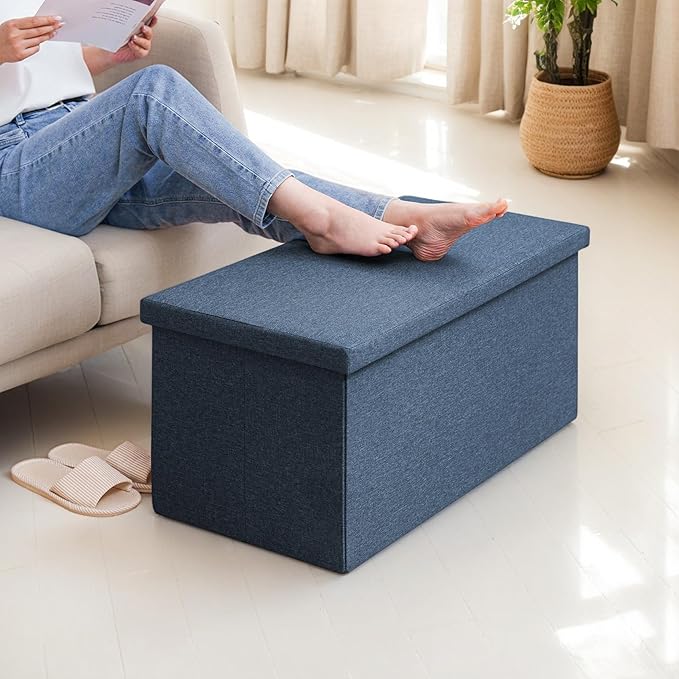 30 Inch Folding Storage Ottoman with Reversible Lid Coffee Table, Linen Fabric Multi-Functional Foot Rest & Seat for Living Room, Bedroom Dark Blue