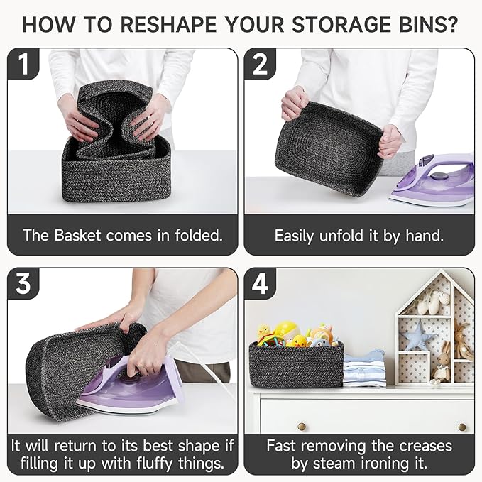 3-Pack Shelf Baskets for Organizing, Closet Organizer Bins, Small Woven Baskets, Rope Toy Basket, Storage Basket for Shelves, Cube Decorative Box, 11.5×7.5×4.7”, Mixed Black-NeatNest