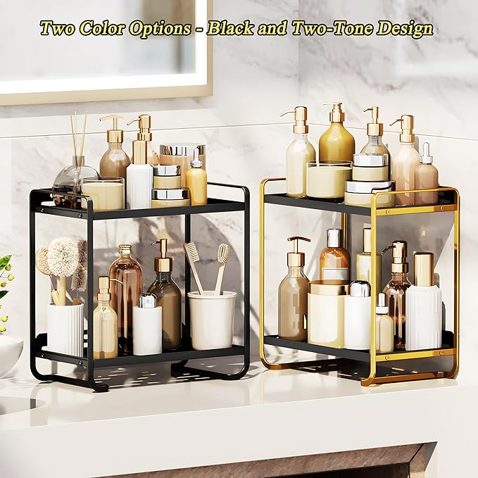 2-Tier Black and Gold Carbon Steel Bathroom Counter Organizer - Skincare Cosmetic Display Tray for Perfume, Makeup, Bathroom, and Vanity Storage - Modern Countertop Organizer and Vanity Decor