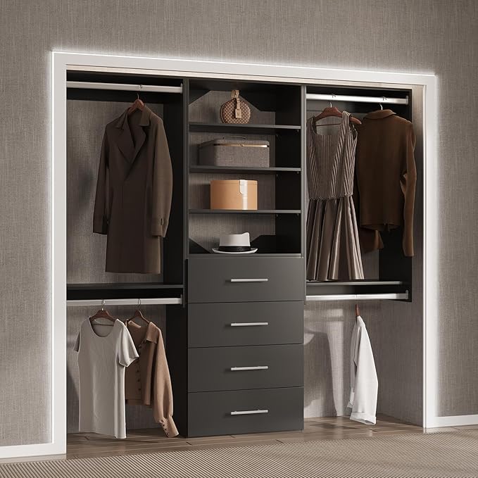4 Drawer Short Tower Closet Unit, Modular Closet System, Wood Closet System Organizer with Storage for Walk In Closets, Clothing Rack Closet for Hanging Clothes, Bedroom, Black, 31.5"W
