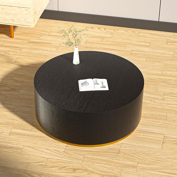 kevinplus Black Coffee Table Side Table End Table for Living Room, Drum Round Circle Wood Coffee Table Modern Contemporary Coffee Table for Apartment Office, Black & Gold