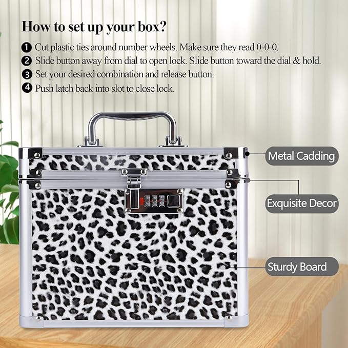 Medication Combination Lock Boxes with Code for Personal Items, Medicine Lockbox for Documents 10 x 7.25 x 7.75 Inches White Leopard