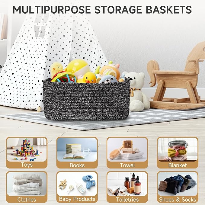 3-Pack Storage Baskets for Organizing | Woven Shelf Toy Basket | Rope Baskets for Gifts Empty | Closet Organizer Bins with Handles | Cube Decorative Box | 13.7×7.1×6.7” | Mixed Black-NeatNest