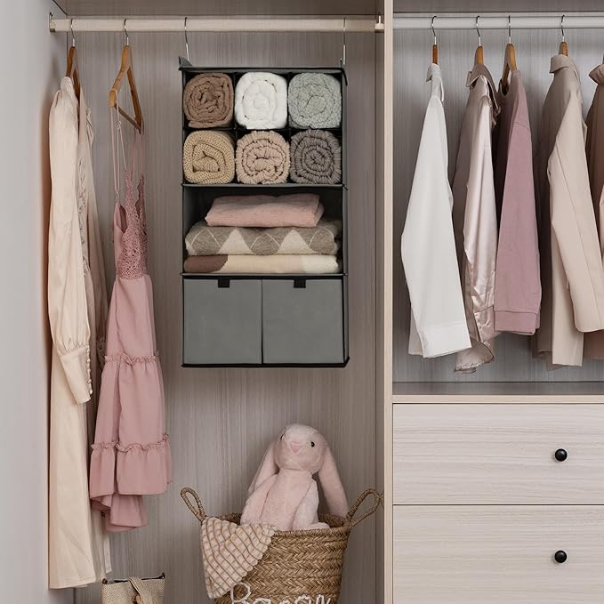 GRANNY SAYS Hanging Closet Organizer with Drawers, 4 Shelf Dividers Closet Hanging Organizer, Foldable Hanging Shelves for Wardrobe Closet, Small Closet Organizers for Clothes Shoes, Grey-NeatNest