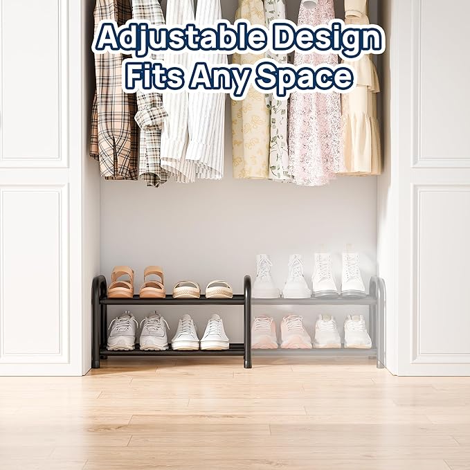 ENJOYBASICS Expandable Shoe Rack, 2 Tier Adjustable Shoe Organizer Shelf for Closet, Black Metal Free Standing Shoe Rack Storage for Small Space, Entryway-NeatNest