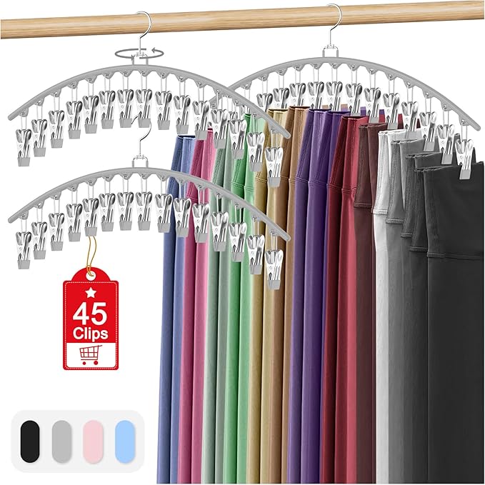 3 Pack Legging Organizer for Closet Hanging, Pants Hangers with 15 Clips Holds 45 Leggings, Shorts, Skirts, Jeans, Hats, Pants Hangers Space Saving Clothes Racks Closet Organizers and Storage, Grey-NeatNest