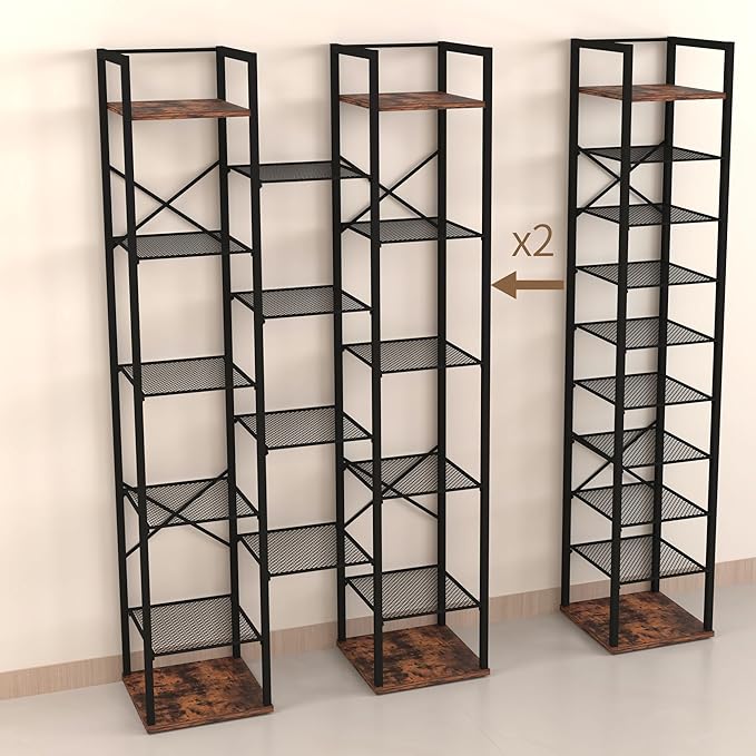 10 Tier Vertical Shoe Rack, Narrow Shoe Storage Organizer with Hooks, Slim Corner Shoe Tower Rack, Adjustable Tall Shoes Shelf, Entryway Living Room Bedroom, Rustic Brown-NeatNest