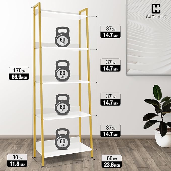 CAPHAUS 5 Tier Ladder Bookshelf, 24 Inch Width Free Standing Shelf, Bookcase Shelf Storage Rack Organizer, Industrial Book Shelves for Home Office, Living Room, Kitchen, White Shelves & Gold Frame-NeatNest