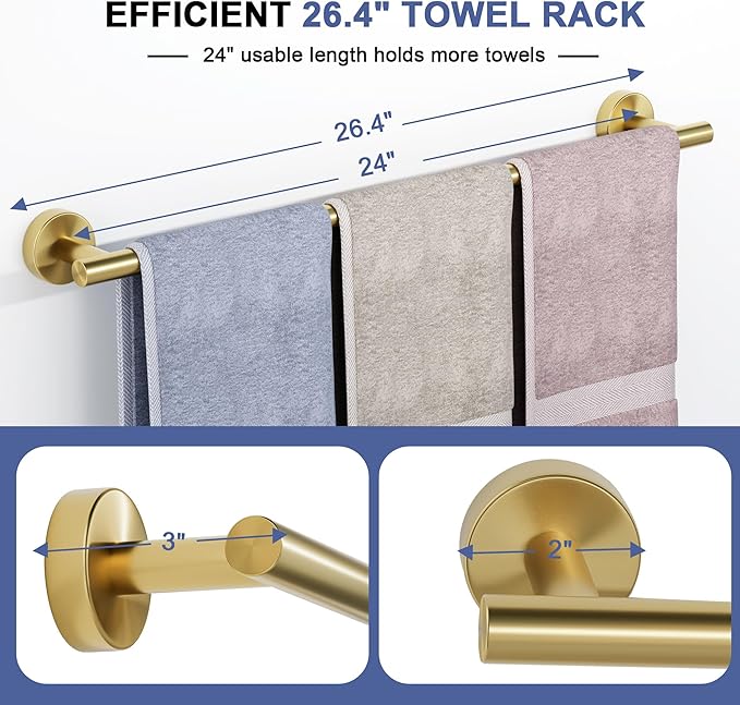 Brushed Gold Towel Bar, 24 Inch Towel Racks for Bathroom Wall Mounted, SUS304 Stainless Steel Bathroom Towel Holder, Total Length 26.4 Inch Towel Bars