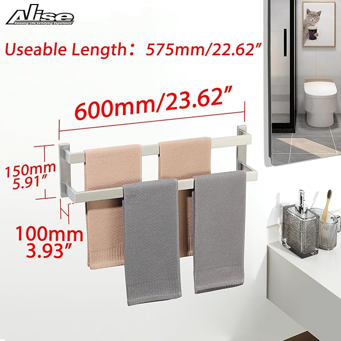Alise Double Bath Towel Bars Towel Racks for Bathroom Lavatory,Wall Mount Towel Holder Towel Hanger SUS304 Stainless Steel Towel Rail,GOY002-LS Brushed Nickel 23.2 Inch