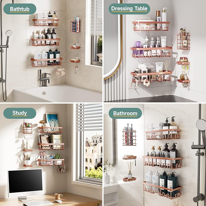 Veken Shower Caddy 6-Pack, No Drilling & Rustproof, Waterproof Adhesive Shelves Rack with Soap Holder, Large Capacity Bathroom Organizers and Storage, Wall-Mounted Kitchen & Home Decor-NeatNest