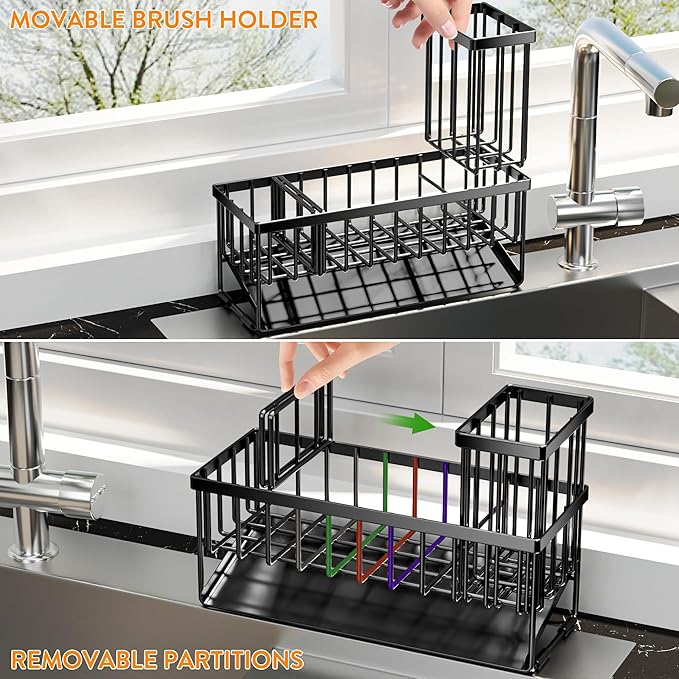 Cisily Extra Large Kitchen Sink Caddy Organzier with High Brush Holder, Sponge Holder for Sink, 304 Rustproof Stainless, Kitchen Countertop Soap Dispenser Organizer For Decor and Accessories-NeatNest