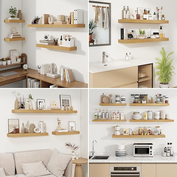 fuqing Floating Shelves for Wall, Bathroom Shelf Wall Mounted for Storage, Shelves with Invisible Bracket for Bedroom, Kitchen, Living Room, Farmhouse Small Book Shelf, 30 Inch Set of 2, Oak-NeatNest