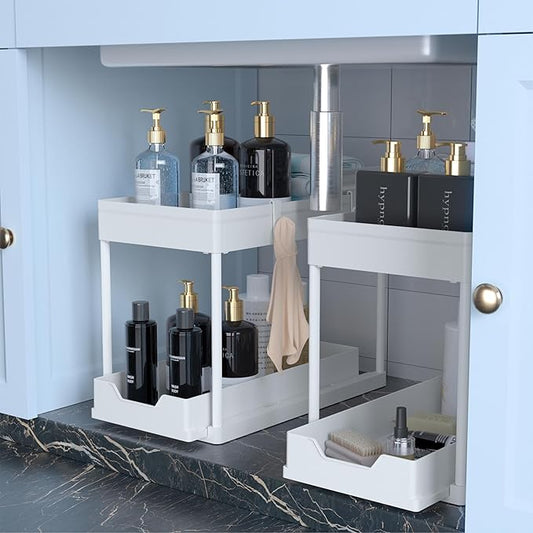 Under Sink Organizer -2 PACK|Pull Out Bathroom Organizer|2 Tier Slide Out Bathroom/Kitchen Organiers and Storage. (2 PACK White)-NeatNest
