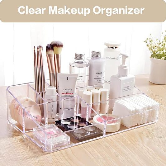 Clear Makeup Organizer, Makeup Brushes Storage Case, Cosmetic Display Case Tray, Tiered Skincare Organizer, Acrylic Lipstick Holder Countertop Desk Brush Organizer for Bedroom Vanity-NeatNest