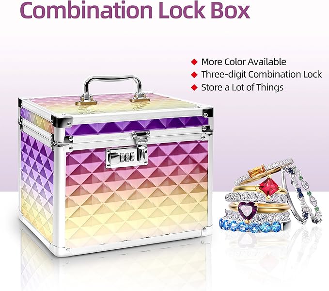 Medication Combination Lock Boxes with Code for Personal Items, Rainbow Medicine Lockbox for Documents 10 x 7.25 x 7.75 Inches Plaid Gold Purple
