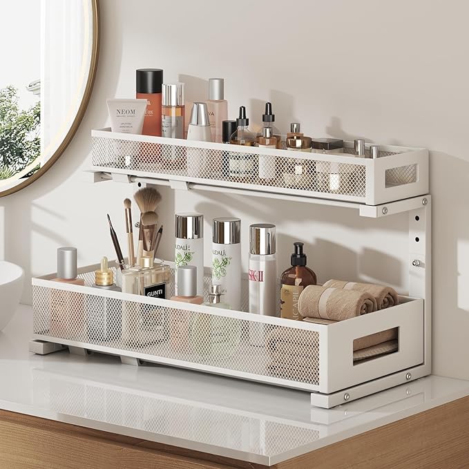1 Pack 20.47IN Depth Under Sink Storage Organizer, Large 2-Tier Elegant Mesh Pull Out Shelf for Kitchen and Bathroom Cabinet Organization, L-Shaped and Adjustable Height Design-White-NeatNest