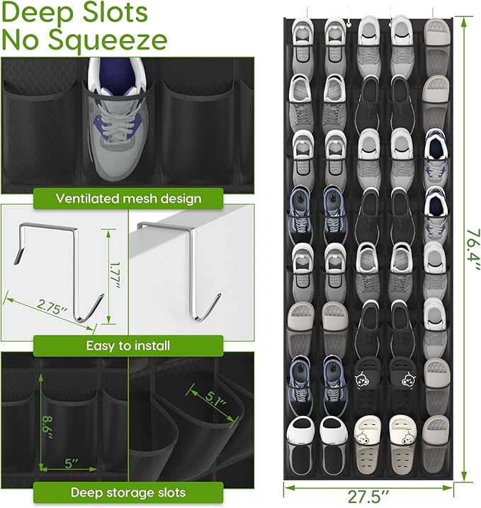 Unjumbly Over the Door Shoe Organizer with 40 Large Breathable Mesh Pockets, Space Saving Shoe Holder, Hanging Shoe Rack for Entryway Bedroom Closet Storage (Black, 40 Pockets)-NeatNest