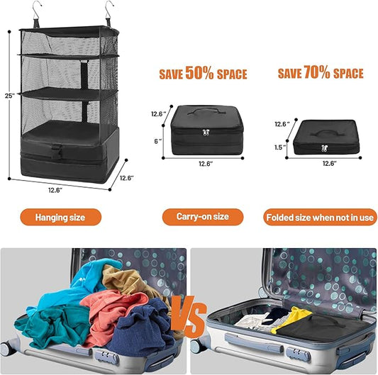 Caroeas Portable Hanging Travel Shelves Bag Suitcase Organizer Carry-on Closet Packing Cubes for Travel, 3-Shelf Suitcase Closet with 2 Hooks, Large Capacity, Black-NeatNest