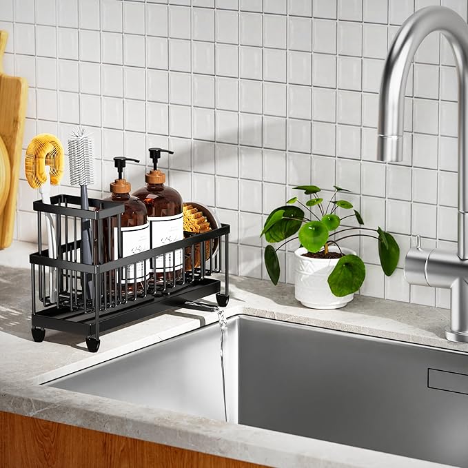 Cisily Extra Large Black Sponge Holder for Kitchen Sink, Sink Caddy Organizer with High Brush Holder, Kitchen Countertop Organizers and Storage Essentials, Rustproof 304 Stainless Steel-NeatNest
