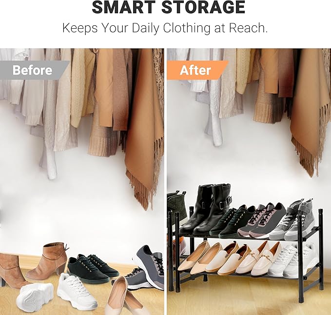 ikloo 2-tier Shoe Rack for Closet and Entryway | Expandable and Stackable Shoes Organizer for Small Spaces | Adjustable Metal Shoe Shelf for Shoe Storage | Fit Up to 18 Pairs of Shoes | Black-NeatNest