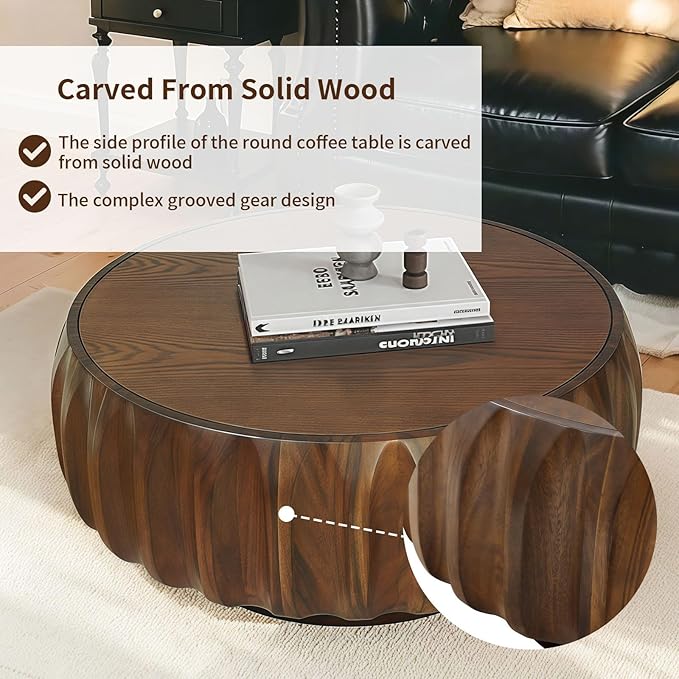 kevinplus 31.5'' Walnut Round Wood Coffee Table for Living Room, Modern Contemporary Circle Fluted Drum Pedestal Coffee Table, Natural Wood Grain & Easy Assembly, Walnut