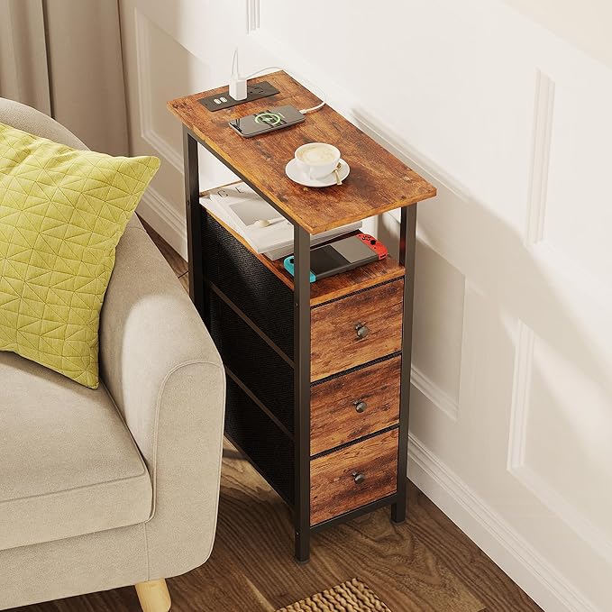 End Table with Charging Station, Narrow Side Table with 3 Fabric Drawers, Skinny Nightstand with LED Light, Slim Bedside Table for Bedroom, Living Room, Small Spaces, Rustic Brown