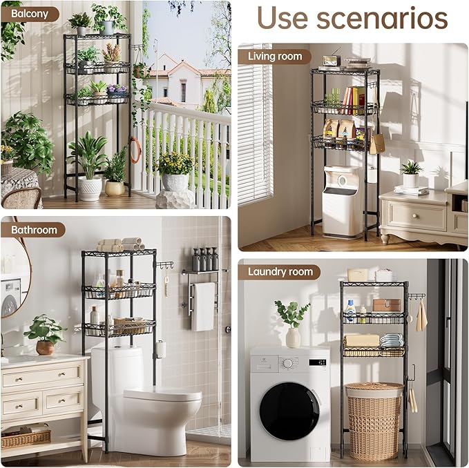 3-Tier Over-The-Toilet Storage Shelf,Heavy-Duty Adjustable Bathroom Rack with 2 Mesh Baskets,Toilet Paper Holder & Hooks,Space-Saving Organizer for Bathroom,10”D x 24”W x 66”H,Black