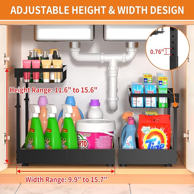 2-Pack Expandable Under Sink Organizers and Storage, 2-Tier Adjustable Pull-Out Cabinet Organizers, Slide-Out Shelves with Width (9.9"-15.7") & Height (11.6"-15.6") for Kitchen & Bathroom-NeatNest