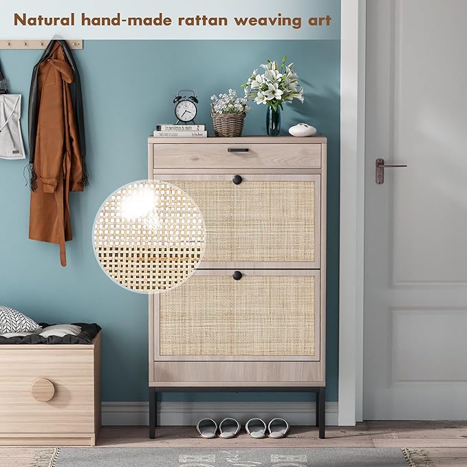 Brafab Shoe Storage Cabinet with Flip Drawers & Adjustable Shelves, Rectangular Rattan Doors - For Hallways and Entryways-NeatNest