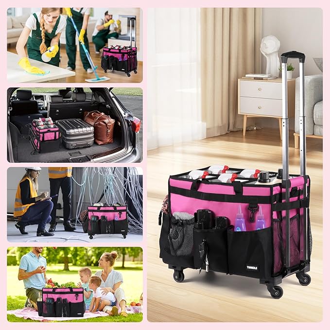 Extra-Large Rolling Cleaning Caddy with Wheels,Cleaning Caddy Bag with Detachable Trolley,Water Resistant Lining Cleaning Supply Organizer with Handle for Cleaners,Housekeepers