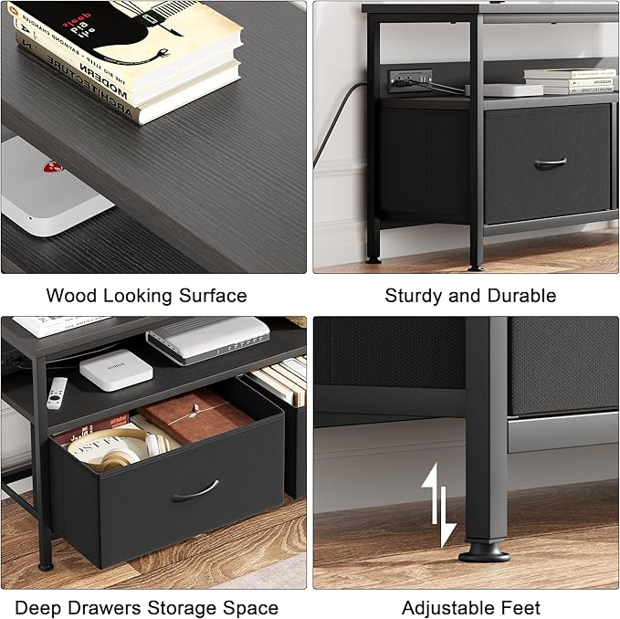 39" Dresser TV Stand for TVs up to 50", Media Console with LED Lights, Charging Station & 2 Drawer Storage Chest, Gaming Entertainment Center with Storage for Bedroom (Black, 39 in)-NeatNest