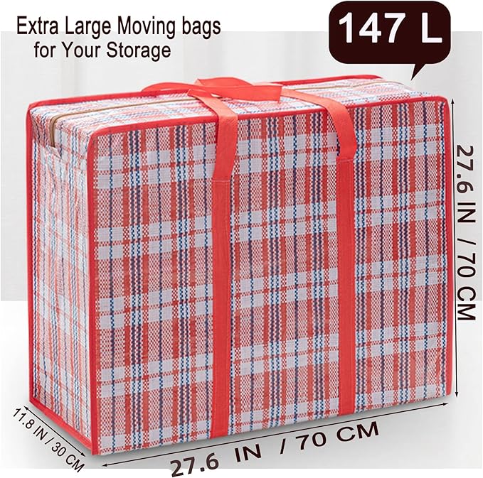 Heavy Duty Jumbo Moving Bags, 147L Oversize Organizer Storage Bags With Durable Zippers for Clothes Comforter Pillow, Water-proof Totes for Carrying Camping Bedding (Set of 4) Red