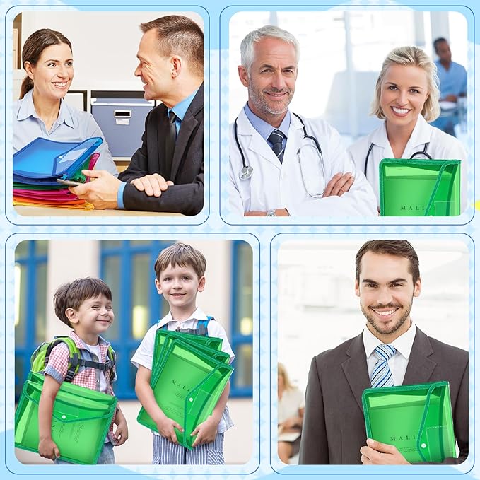 4 Pack A4 Expanding Plastic File Folders Waterproof Document Organizer with Snap Button Multiple Pockets, Office Home Office Storage (Green)