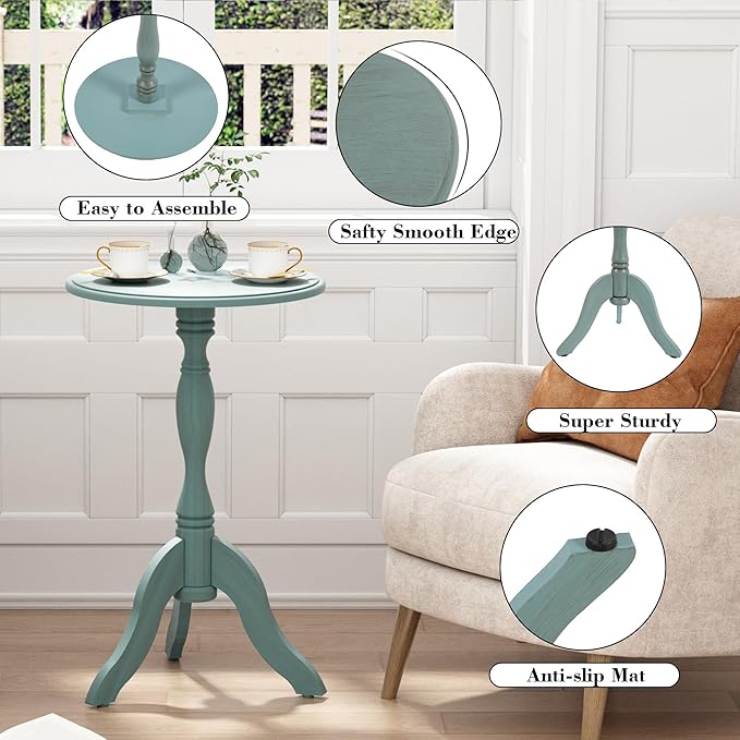 HLR Round Small End Table, Wooden Pedestal Side Coffee Tables, Vintage Accent Nightstand for Living Room, Bedroom, Entryway (1, Light Blue)