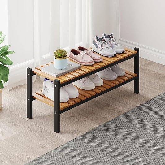 Bamboo Shoe Rack Organizer for Closet and Entryway - Space-Saving Narrow Shoe Stand - Versatile Shoe Holder for Door or Closet Shelf, Garage Bedroom can Freely Stack DIY Small Shoe Racks 2 Tier-NeatNest