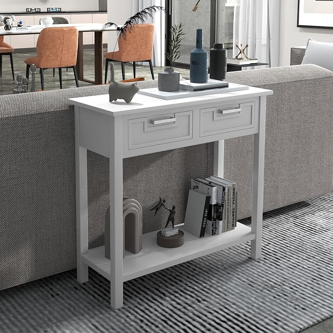 GOFLAME Small Console Table with 2 Drawers, 31” Entry Table with Storage Shelf, Modern, Narrow Sofa Table for Living Room, Hallway, Entrance (White)-NeatNest