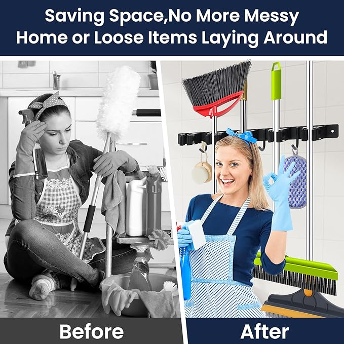 Piyl Mop and Broom Holder Wall Mount - 5 Racks and 4 Hooks Broom Hanger Mop Organizer Storage Tool Racks Stainless Steel Heavy Duty Utility Hooks for Home Kitchen Garden Laundry Garage Closet-NeatNest