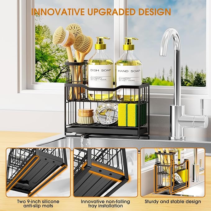 2-Tier Kitchen Sink Caddy with High Brush Holder&Self-Draining Tray,Rustproof&Non-Slip Sink Sponge Holder,Kitchen Countertop Storage Organizer,Soap Dispenser Storage - Black-NeatNest