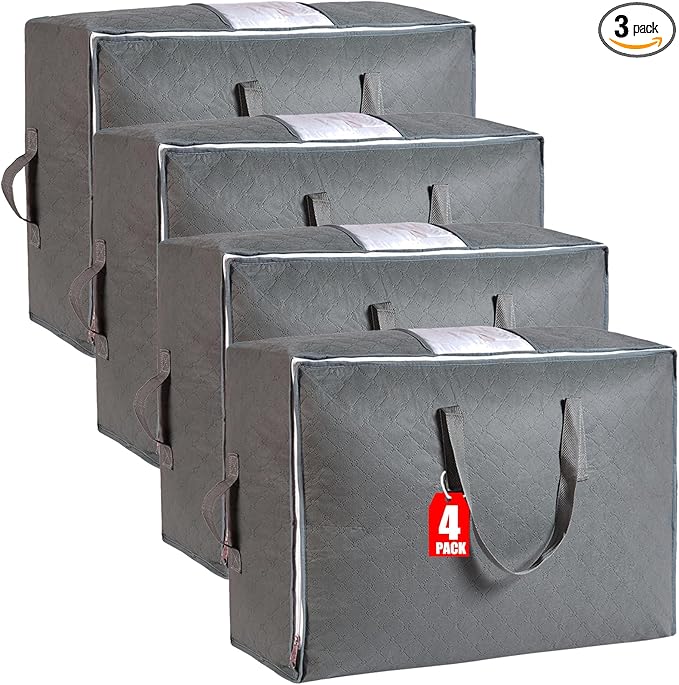 105L Extra Large Storage Bags for Blankets, King Comforters, Bedding, Clothes, Pillows, Sheets - Closet Organizers and Storage with 4 Handles & Clear Window, Foldable & Breathable (Grey, 4pack)-NeatNest